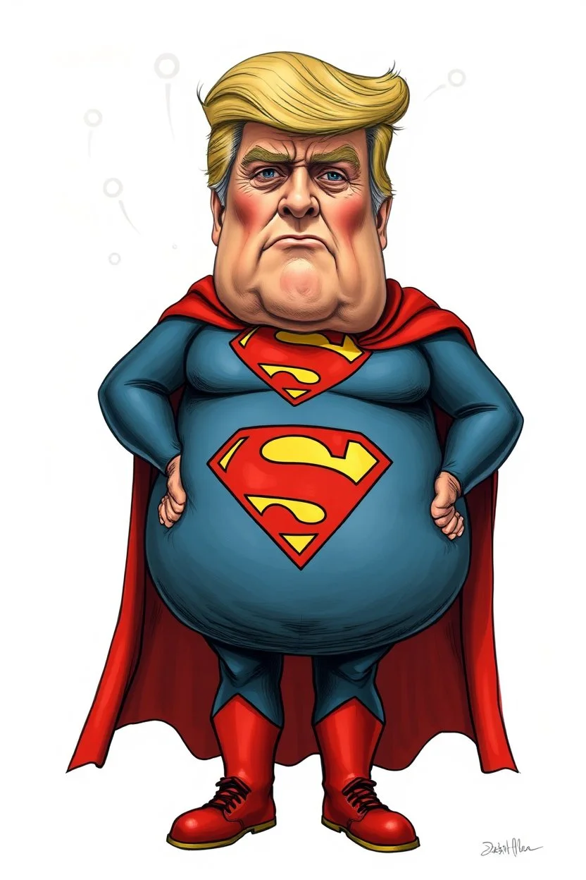 a thoroughly confused, frail, elderly and obese donald trump standing dressed as superman