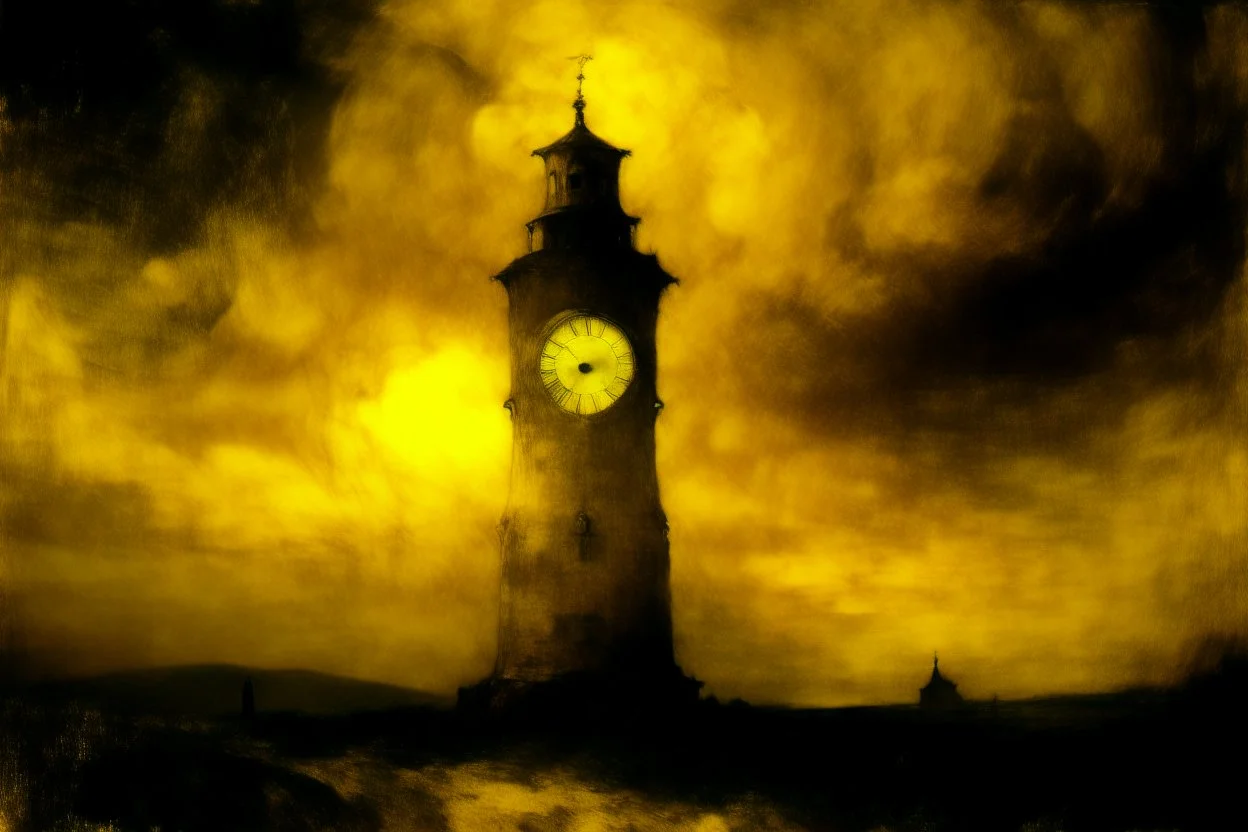 A yellow clock tower made out of gel in a thunderstorm painted by Albert Pinkham Ryder