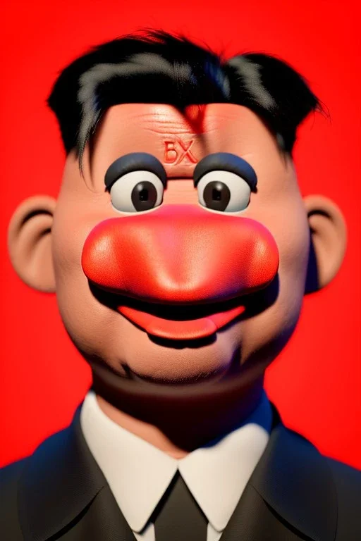 Waist up muppet Portrait, Kim Jong-un muppet doll, black suit, photo studio, red background, unreal engine 5, concept art, art station, god lights, ray tracing, RTX, lumen lighting, ultra detail, volumetric lighting, 3d.