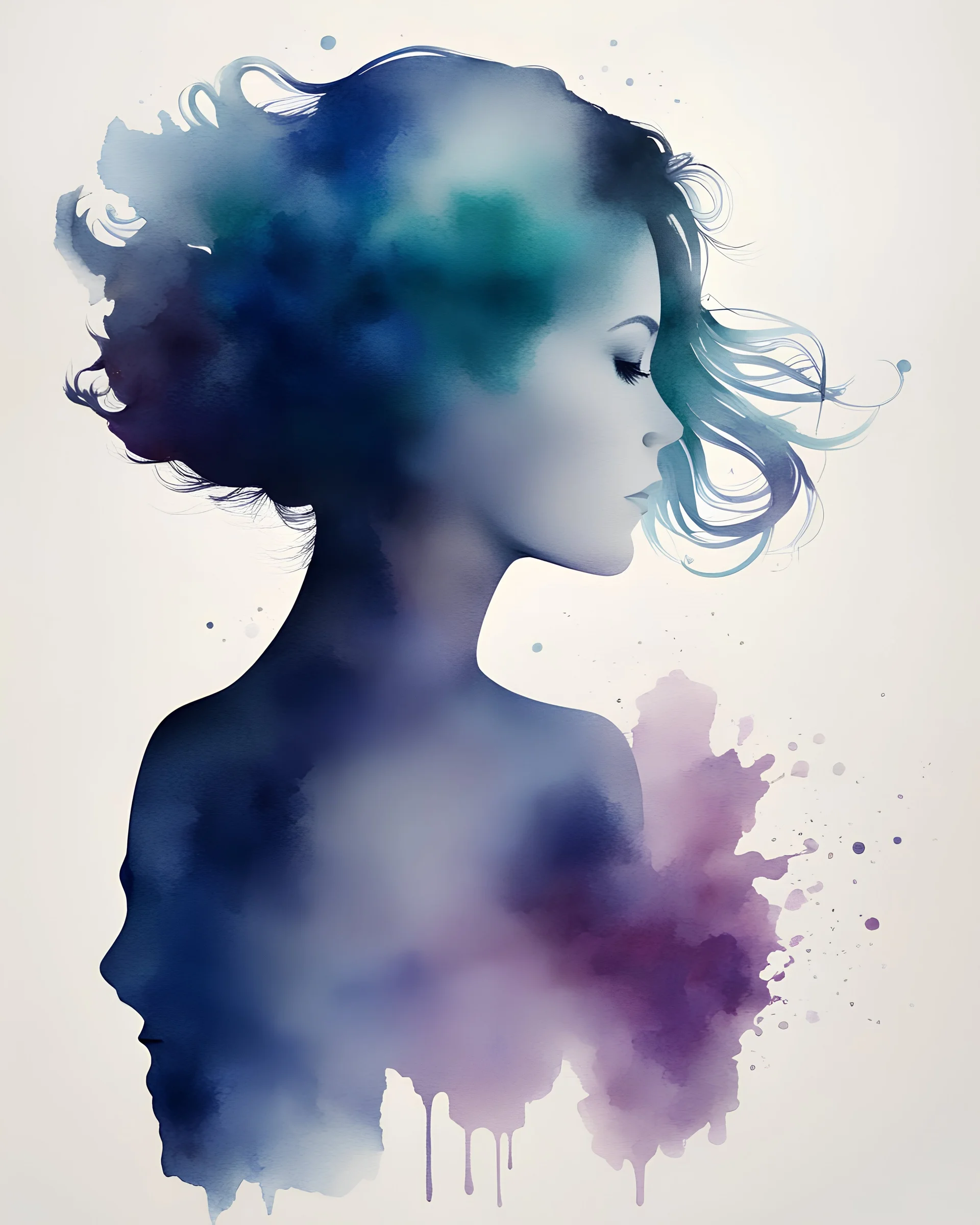 woman silhouette and hair watercolor draw