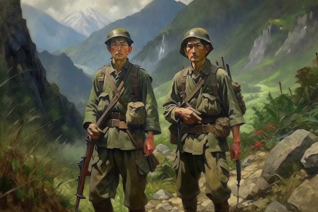 Japanese 1920 oil painting FEDRA from TLOU and the CRM from TWD but as Vietnam men soldiers in the mountains