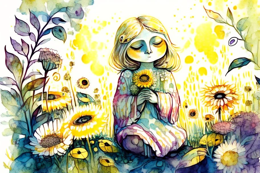 thankful praying owl girl in flowergarden in sunshine, watercolor and ink