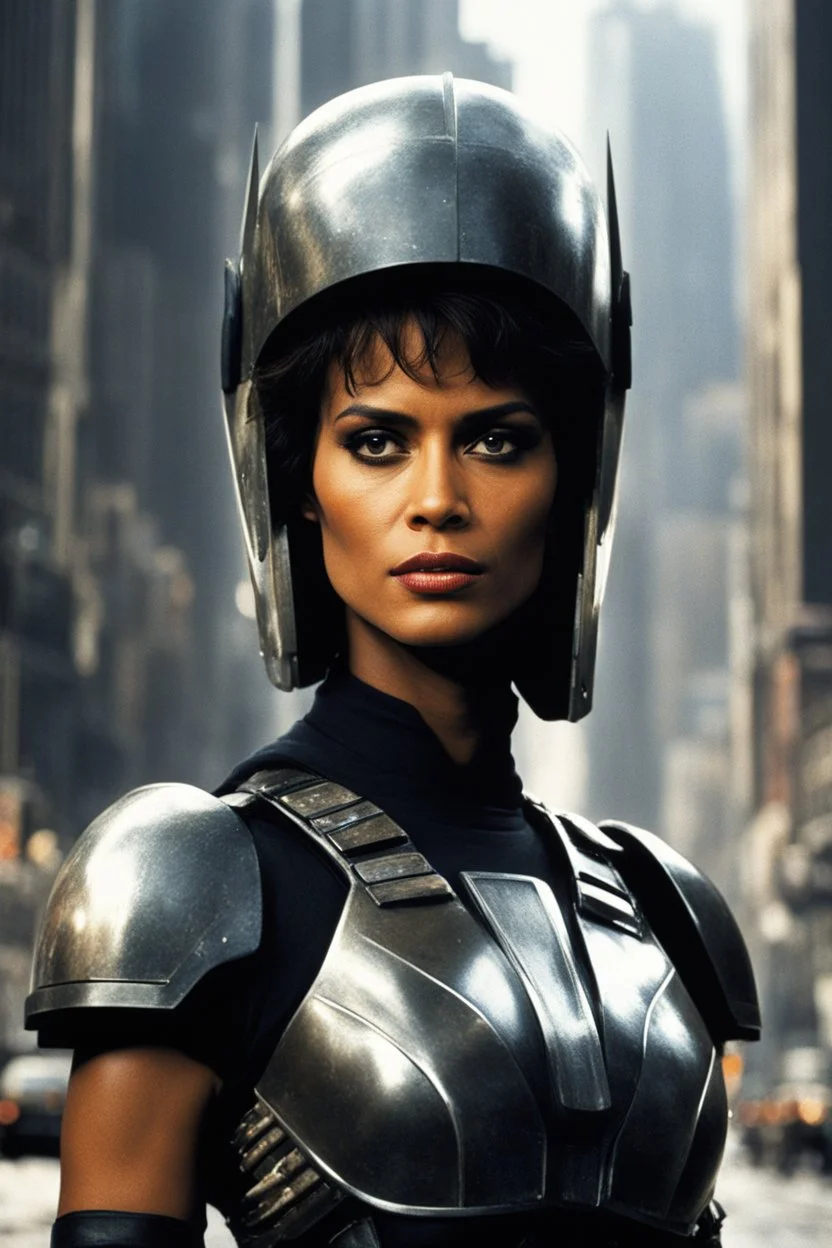 [2000 AD (1977)] The streets of Mega City One were alive with the constant hum of activity, but in the midst of the chaos, a figure stood tall and resolute. Halle Berry, part of the judges' team, commanded attention as she surveyed the sprawling metropolis. The helmet, a symbol of authority and unwavering justice, rested firmly on Berry's head, obscuring her features but amplifying the aura of power that surrounded her. The citizens of Mega City One couldn't help but be drawn to her presence, in