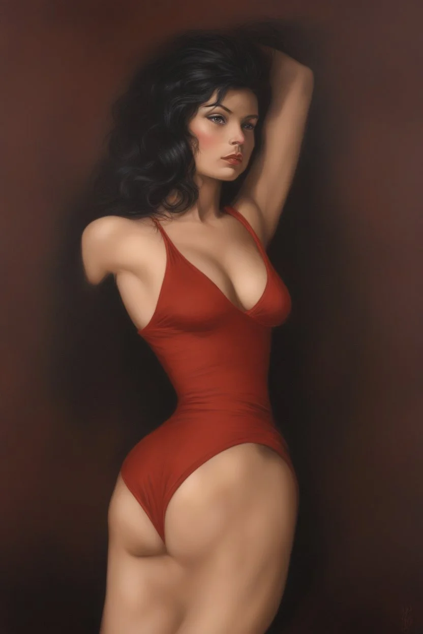 Portrait of a woman, perfect face, perfect copper eyes, dark hair, glamorous, gorgeous, delicate, romantic, red two-piece bathing suit, realistic, romanticism, red tones, Boris Vallejo- Pitch black Background - dark, wood panel wall in the background