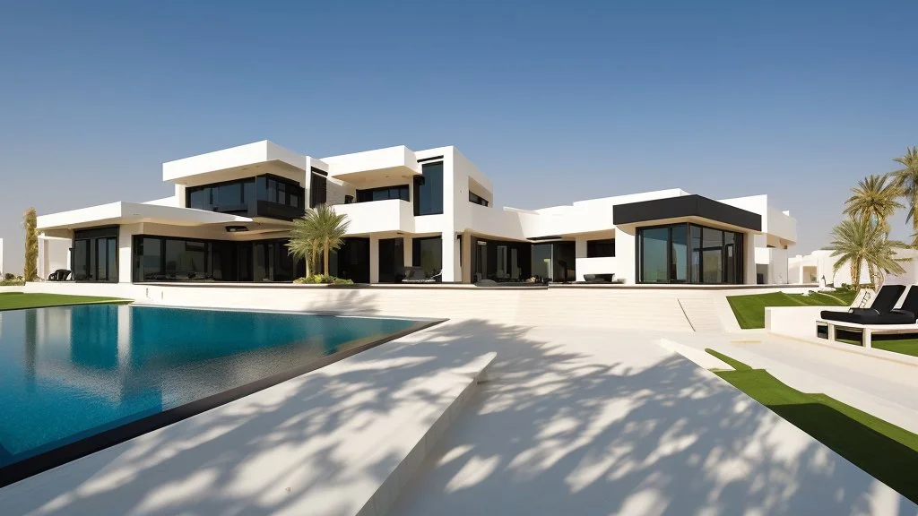 Description of a modern Emirati style villa: Located on a magnificent piece of land in the heart of the Emirates, our villa embodies the finesse of design and detailing that promises a luxurious residential experience. This two-story villa, with its elegant and contemporary spaces, stands out. The exterior walls of the villa are made of black and white stones, adding an elegant and luxurious touch to the design.Pictures of the villa from four sides