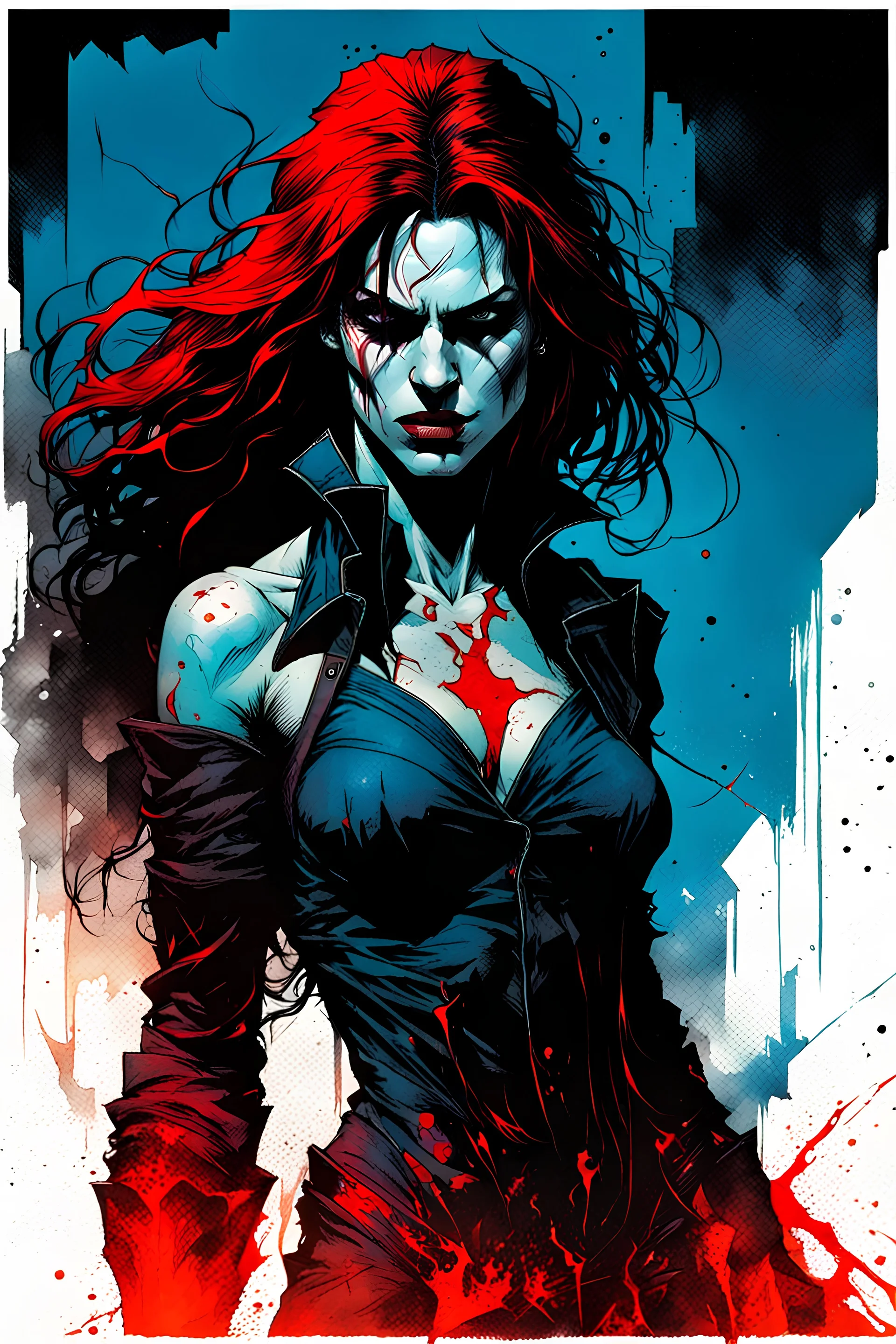 create a highly ethereal, darkly magical full body portrait illustration of a ragged Brujah female vampire , with highly detailed and deeply cut facial features, in the comic art style of FRANK MILLER and BILL SIENKIEWICZ, searing lines and forceful strokes, precisely drawn, boldly inked, with vibrant colors