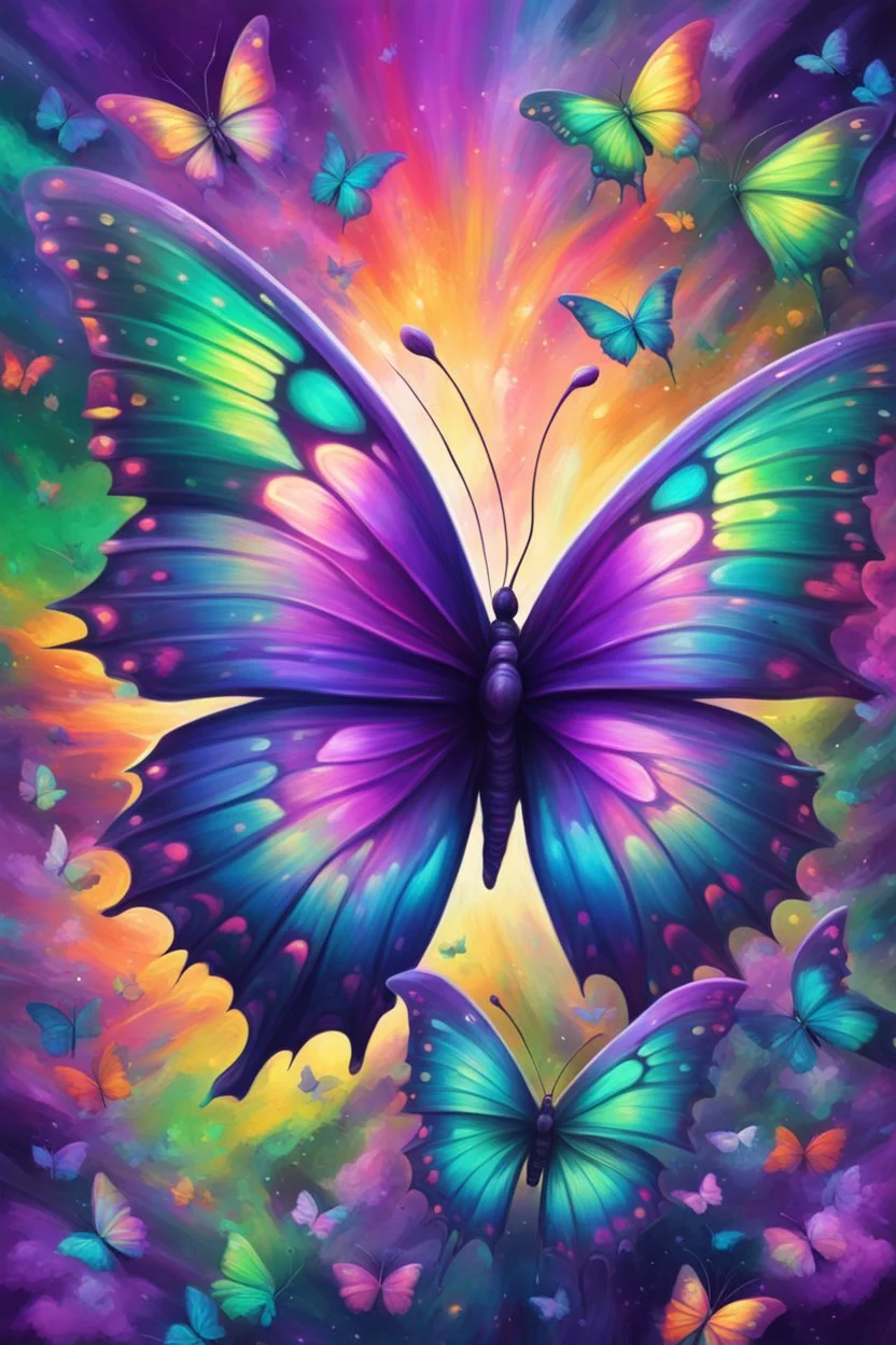 vibrant psychedelic oil painting image, airbrush, 64k, cartoon art image of background purple and green BUTTERFLIES , futurism style
