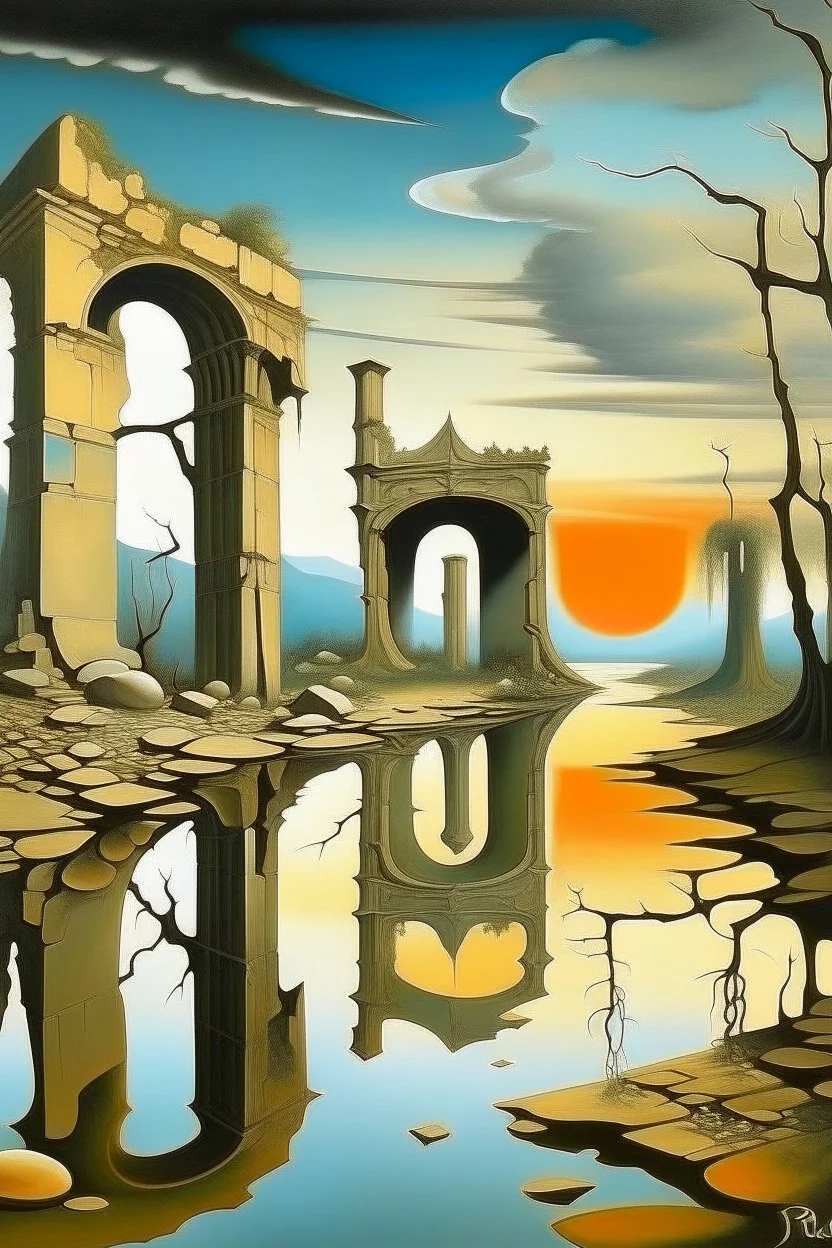 Ancient ruins in daylight painted by Salvador Dalí