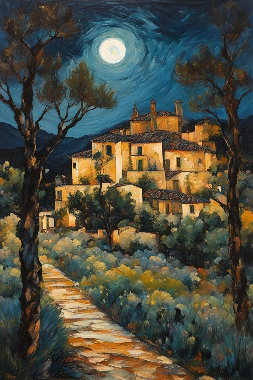 fine palette knife painting of a placid Spanish villa set amidst surrounding olive groves under the pale moonlight of midnight , in the Expressionist style of Egon Schiele, Oskar Kokoschka, and Franz Marc, highly detailed in muted natural colors with fine detail outlining and shading