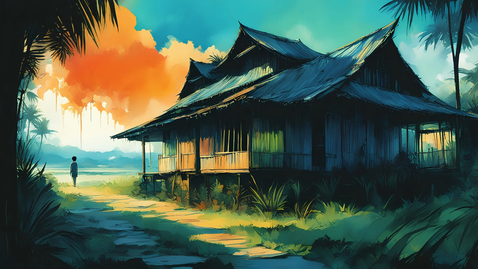 Abandon a mystery malay small kampung house a silhouette of stalker boy outside the house depth of view Magical green, blue and orange digital illustration beautiful , watercolor wet on wet, black ink, washed ink, unreal engine, greg rutkowski, loish, rhads, beeple, makoto shinkai and lois van baarle, ilya kuvshinov, rossdraws, tom bagshaw, alphonse mucha, global illumination, detailed and intricate environment