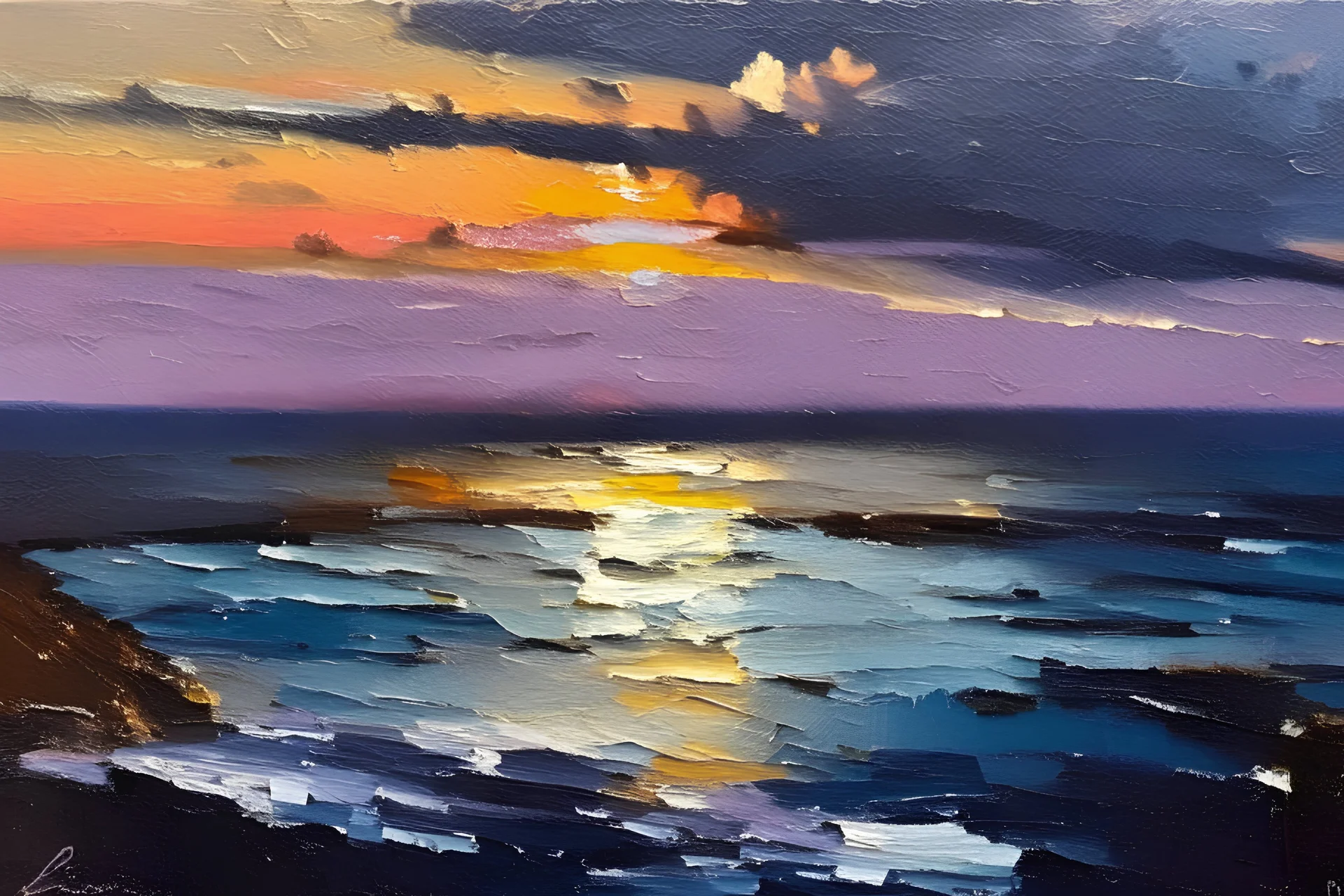 seascape with sunset by Chris bushe with thick oil and palette knife