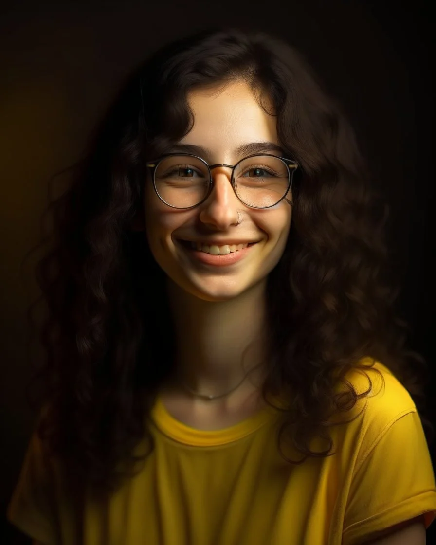 Jeune femme au sourire éclatant, longue et élancée, cheveux noirs, longs, bouclés et volumineux, porte de grandes lunettes rondes à la monture transparente. Nez fin et petit. Elle porte un t-shirt de couleur jaune moutarde avec une chemise florale transparente. Rembrandt style lighting, 8k, portrait, HD.