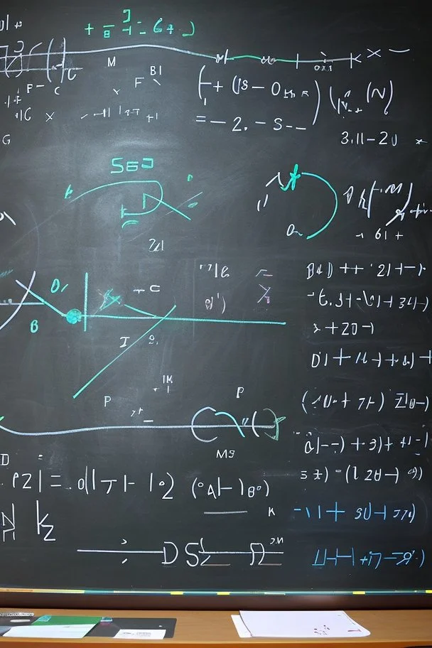 Subatomic particles writing equations on a chalkboard, while educating human children sitting at desks