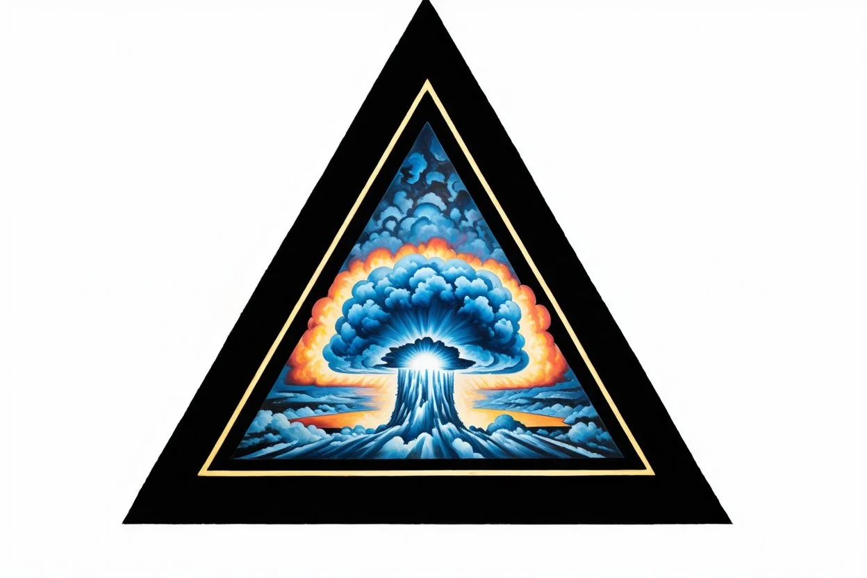 a blue nuclear explosion cloud, behind an omega like shape, all inside an equilateral triangle, radiant lines, oil painting