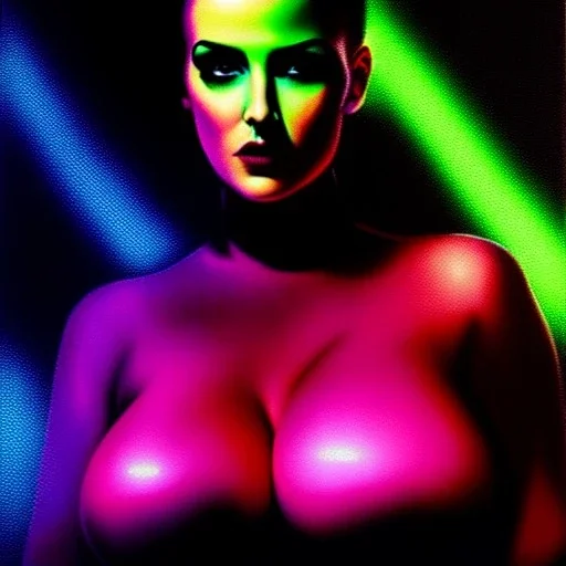 portrait oil on canvas, beautiful punk busty female Cyborg, looking to viewer, sad green eyes, post-apocalyptic in a cyberpunk city,minimal skintight suit, blade runner, comic book cover, mystical colors, neon, insanely detailed,realistic,intrincate detail, 16k resolution, masterpiece, Adam hughes