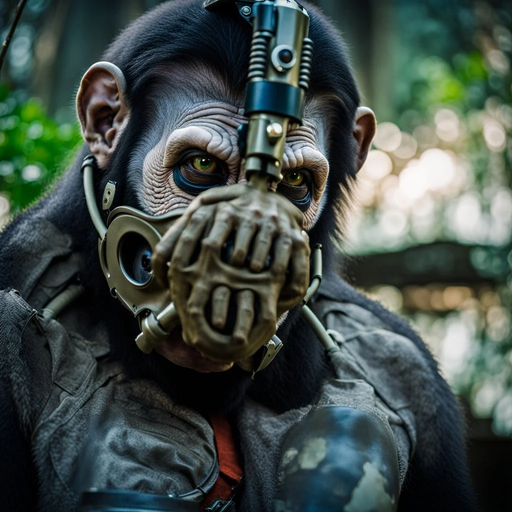 Cyborg, Ape, Primate, hominid, breathing device, respirator, solarpunk, Dystopian, Alberta, all-natural, in the style of candid, Fuji Film, Anamorphic lens