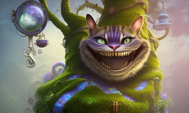 cheshire cat in a tree, leaning on a branch, wide grin, glowing eyes, blue and grey, alice in wonderland, signpost pointing in different directions, orbs of light, tea pot, teacup, film still