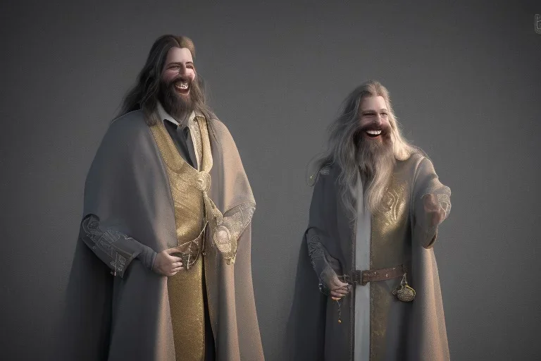 An ethereal laughing long haired bearded tall man wearing rugged long merchant's coat a cape and gold earrings and jewelry. medieval fantasy, black background