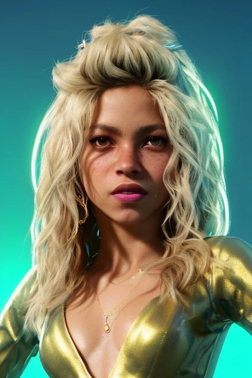 Shakira artist, Realistic image, natural waist up portrait, natural busty , perfect eyes, glow, circle iris, eye liner. spray line make up, glow. lips, gold. big rings piercing, led ornament. coat, vibrant color, highly detailed, art stations, concept art, smooth, unreal engine 5, god lights, ray tracing, RTX, lumen lighting, ultra detail, volumetric lighting, 3d, finely drawn, high definition, 4k.