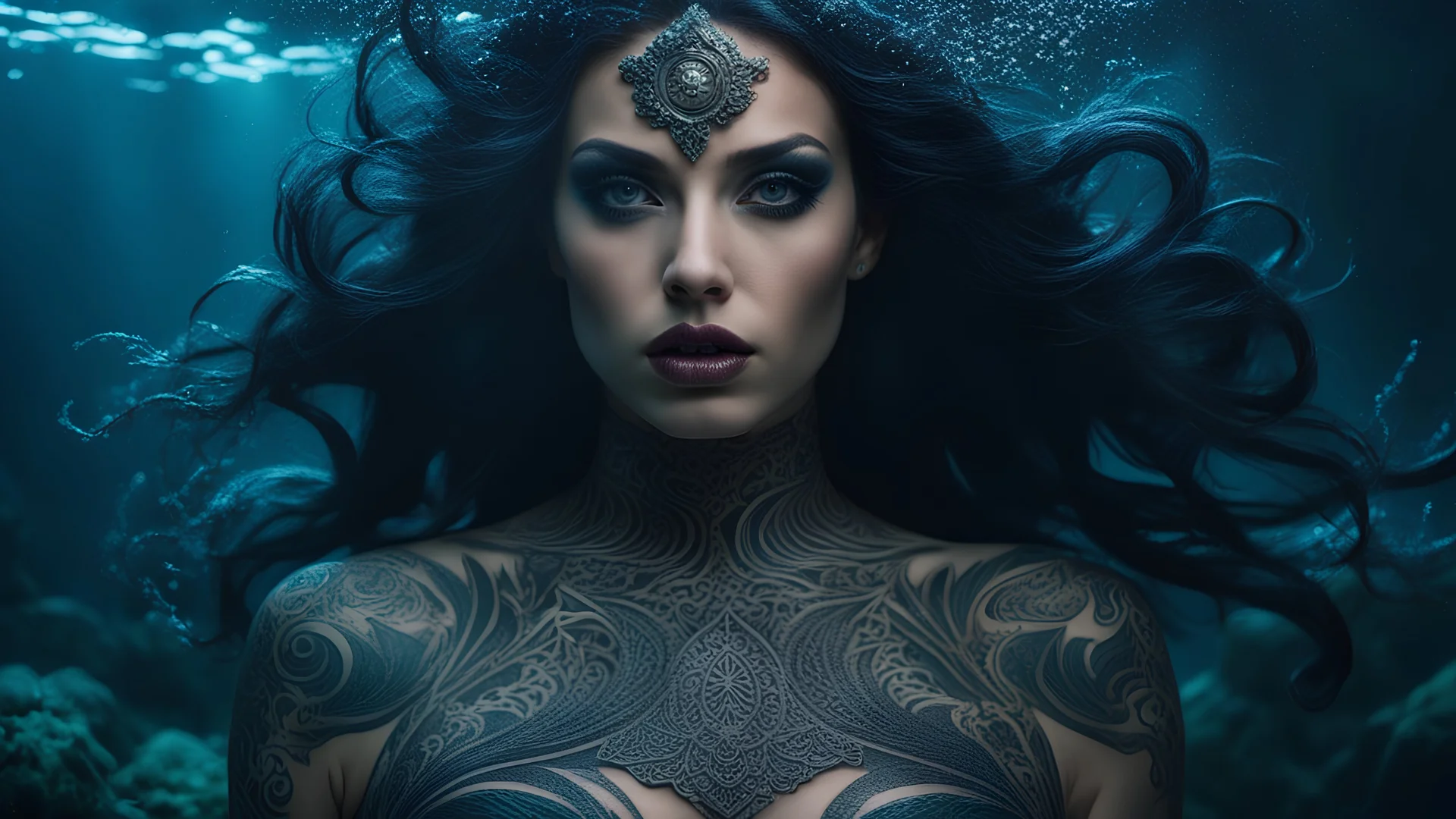 dark fantasy, siren, tattoed, close up, intricate details, insane details, volumetric lighting, ominous atmosphere, ominus lights, spectral atmosphere, underwater scenario, modelshoot style