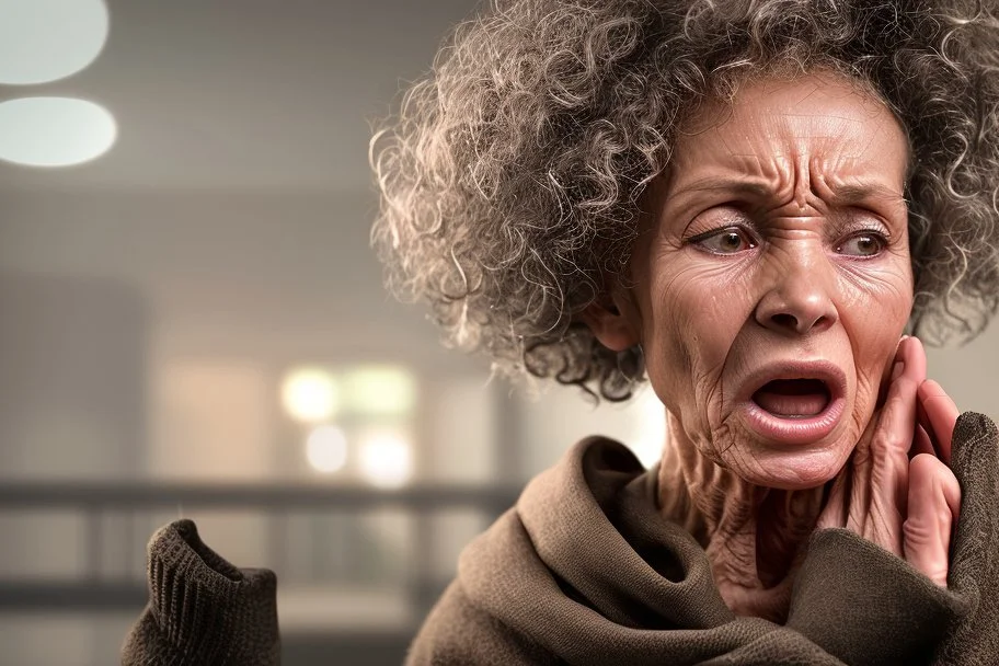 Generate an 8K UHD image of a 65-year-old skinny, curly-haired lady, her right hand holding a large, shiny piece of coal. Her face, a masterpiece of contradictions—wrinkled forehead and squinted eyes betray trapped desperation, while her wide-open mouth emits a scream of rage so intense that saliva flies. Capture the collision of emotions, depicting the woman on the brink of joy and desperation as she confronts the culmination of her emotional journey