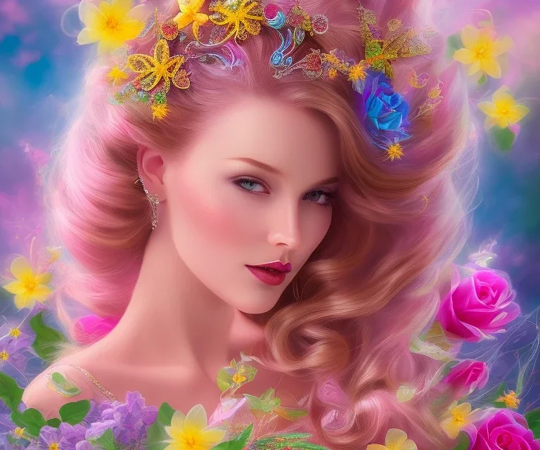 beautiful bright happy fairy portrait with long hair, thin face, two hands in a pink,blue, yellow flowers background,