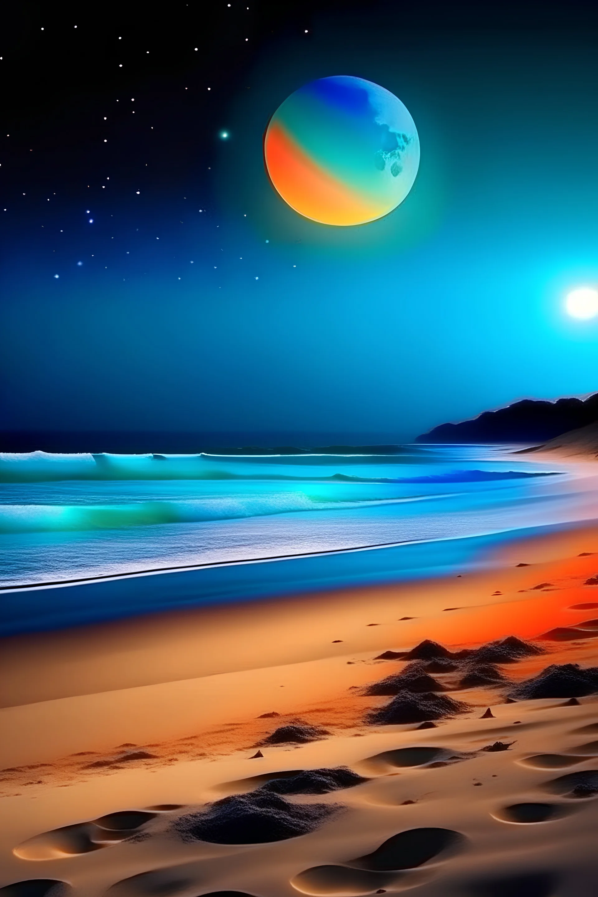 Moon bright light beach vibes colorful planets