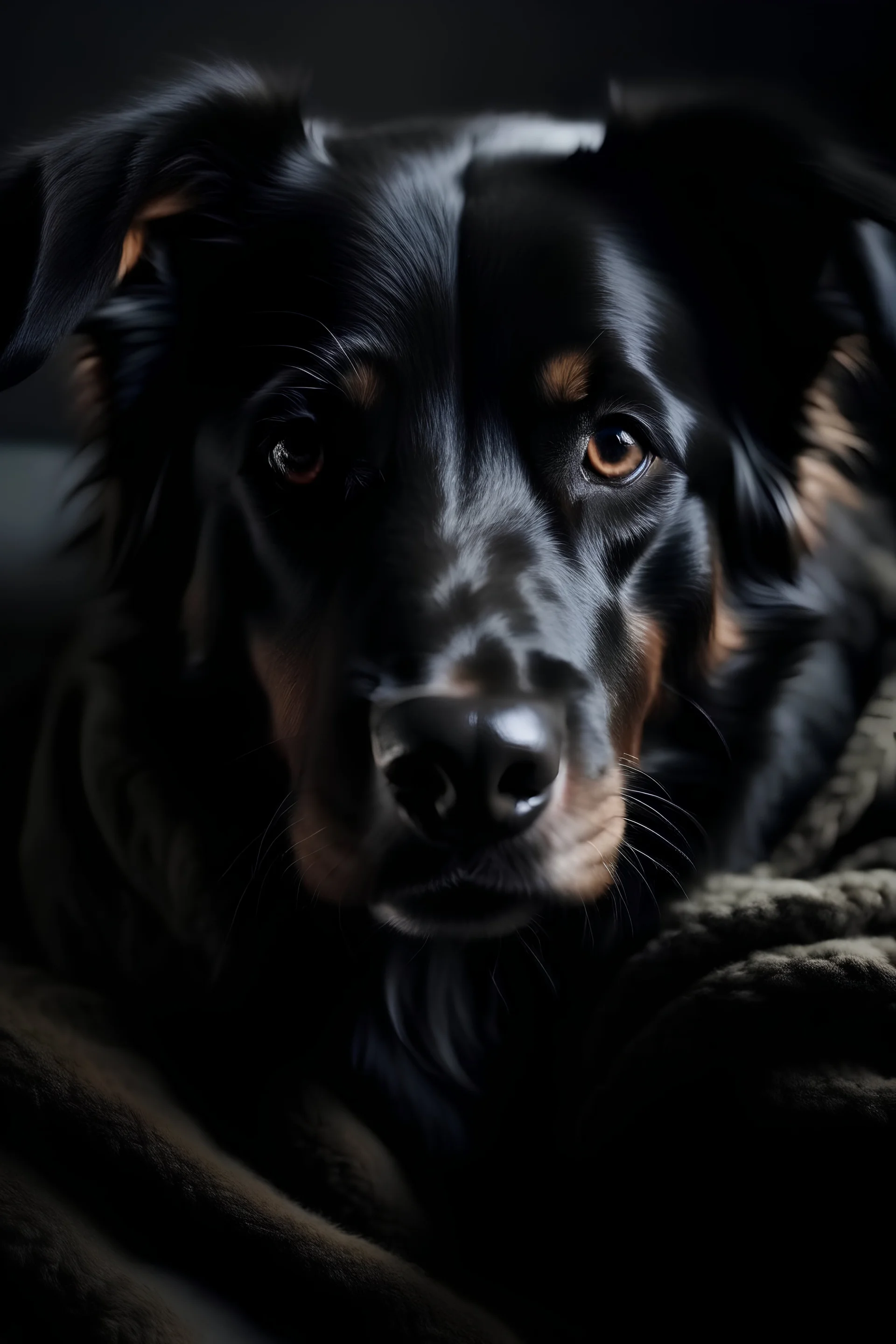 A dog covered with a black blanket