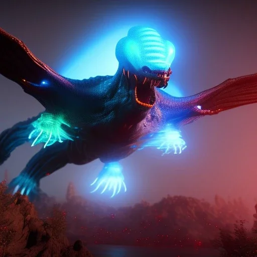 Giant flying alien creature with bioluminescent bodyparts, burning city,unreal engine 5, 8k resolution, photorealistic, ultra detailed