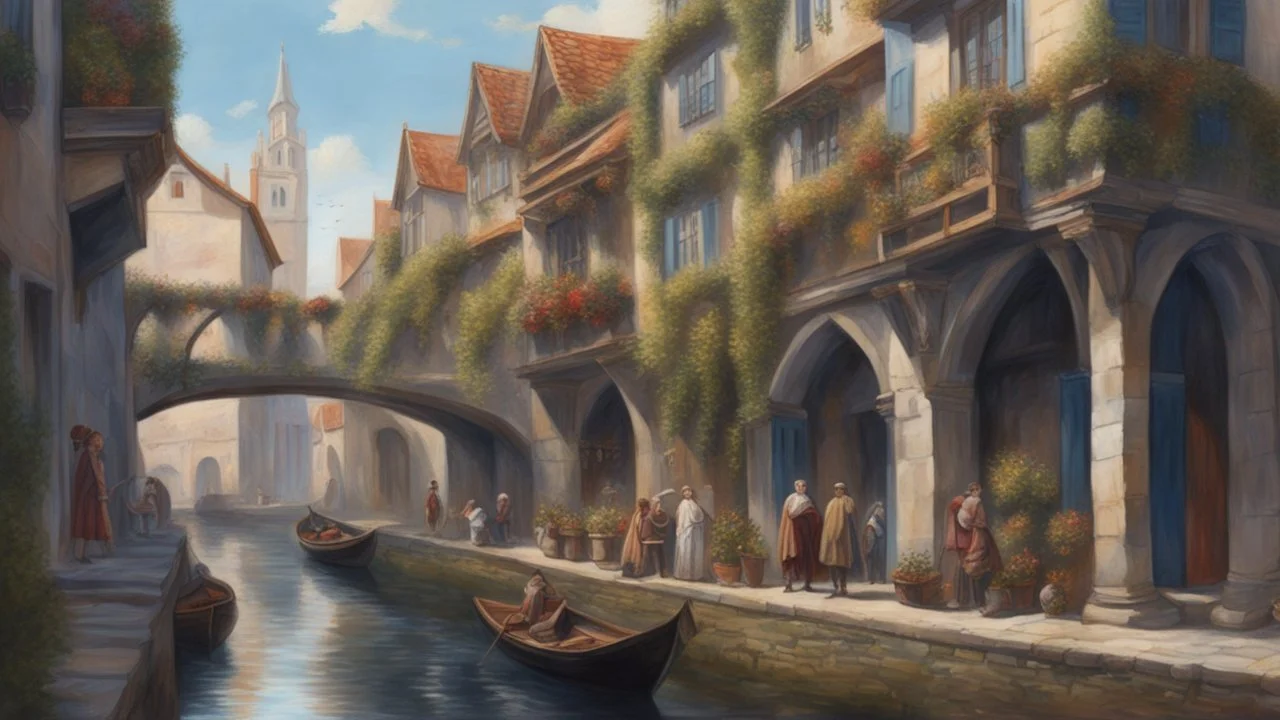 medieval buildings with balconies overhanging a canal, blue sky and people, photorealism, trees, foliage, piers, fantastical, intricate detail, concept art, people, ultra-sharp image