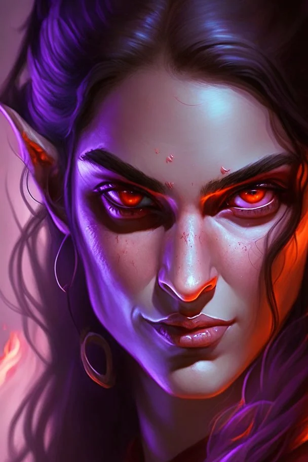purple skin, glowing fiery eyes, smirk, soft female face, beautiful, graceful