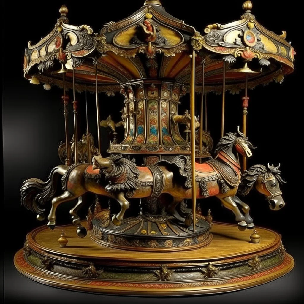 Antique circus carousel (merry go round) meticulously carved, with intricate details, showcasing a menagerie of life-size creatures moving in graceful rhythm, anatomically accurate mythological creatures like Griffins, unicorns with wings, along with large decorated rabnits, tigers, and black bears, hand painted with expressive, grotesque faces. fantastical creatures art style is flamboyant, magical, early 20th century, overexaggerated, realism, surrealistic atmosphere, grotesque, alive-like sc