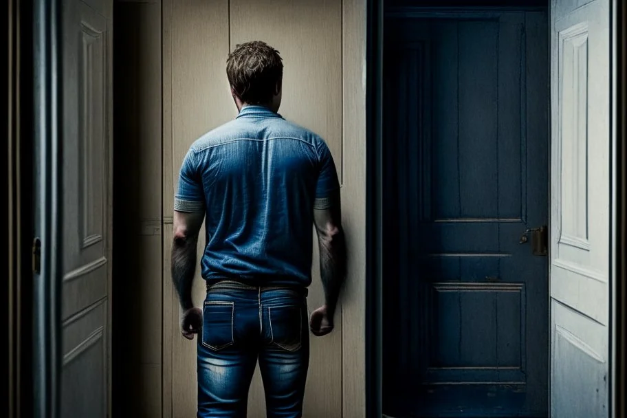 man in jeans and a shirt, back to the camera, standing in a row of doors, looking out through a doorway