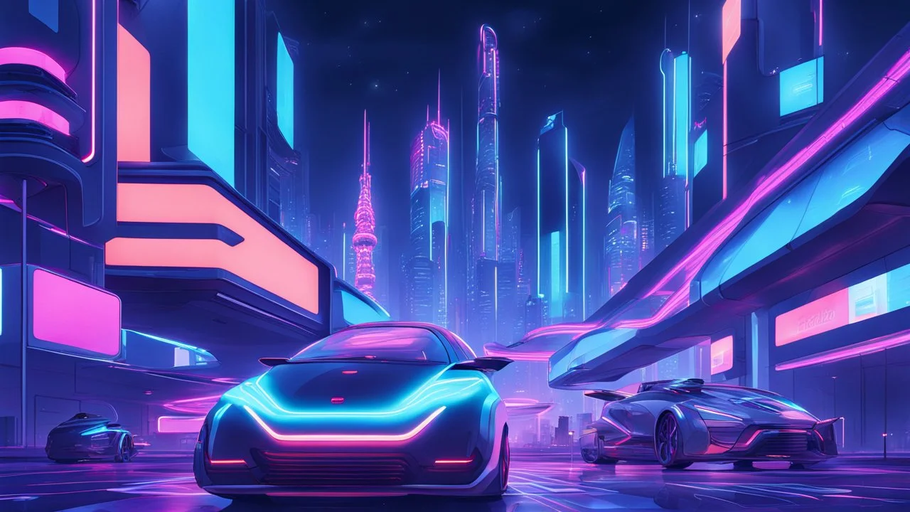 A futuristic cityscape at night with neon lights and flying cars.