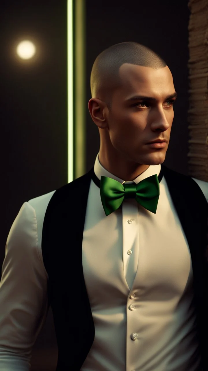 Handsome tough Alpha Male aged 30. buzz-cut hair, stubble on chin, wearing a black tuxedo with a green bow tie. Hyperrealistic 4k dark fantasy