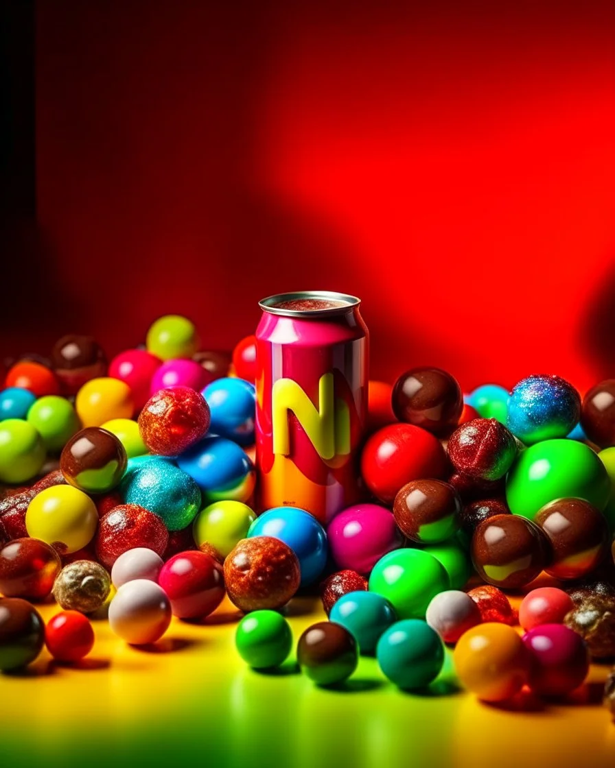 An image of several colored soda cans side by side at the bottom of the image, with M&M chocolates pouring out of them, and the space is filled with color, chocolate chips, and fruit pieces in a soda-like atmosphere with happy, beautiful colors.