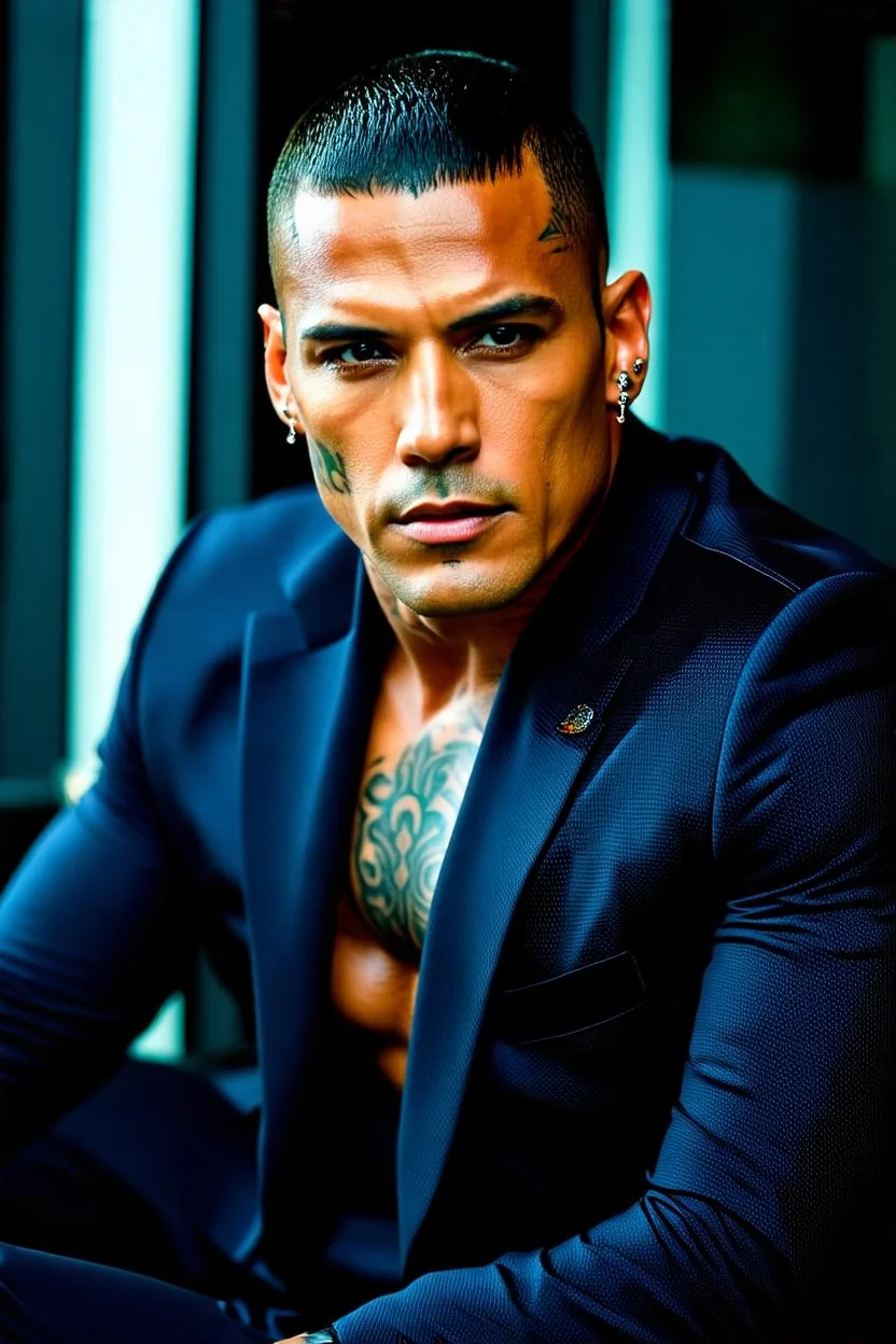 Jason David Frank as muscular man with short hair and tribal tattoos and piercings. Wearing a smart suit, sitting, realistic face, close-up, modern fantasy, intricate details, hyper detailed