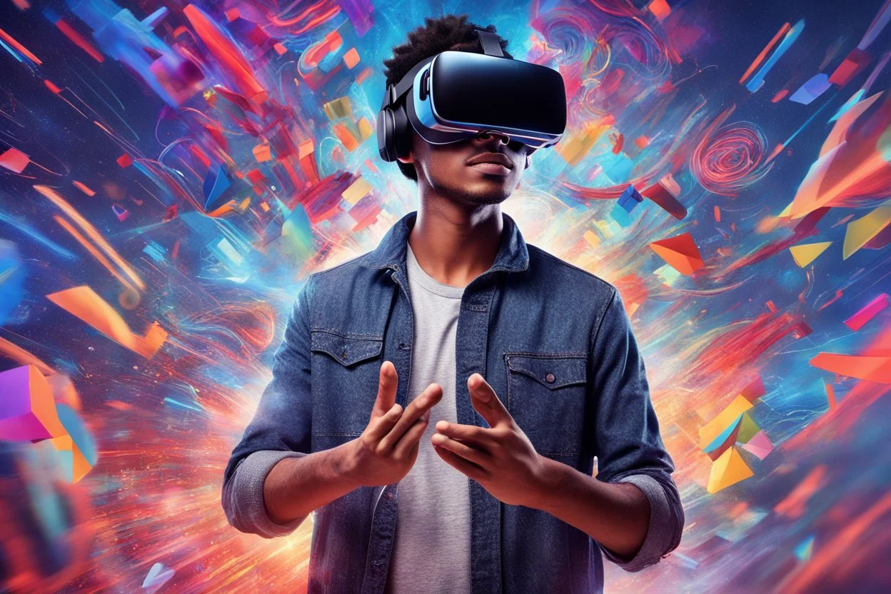 A young man wearing virtual reality glasses immersed in a vibrant 3D world, displaying a mix of awe and excitement on his face. Wires flow from the glasses, highlighting intricate technological details. Abstract shapes and images float in the background, creating a unique and immersive VR experience. 'The Future of Virtual Reality' logo appears in the bottom right corner, adding a touch of futuristic innovation.