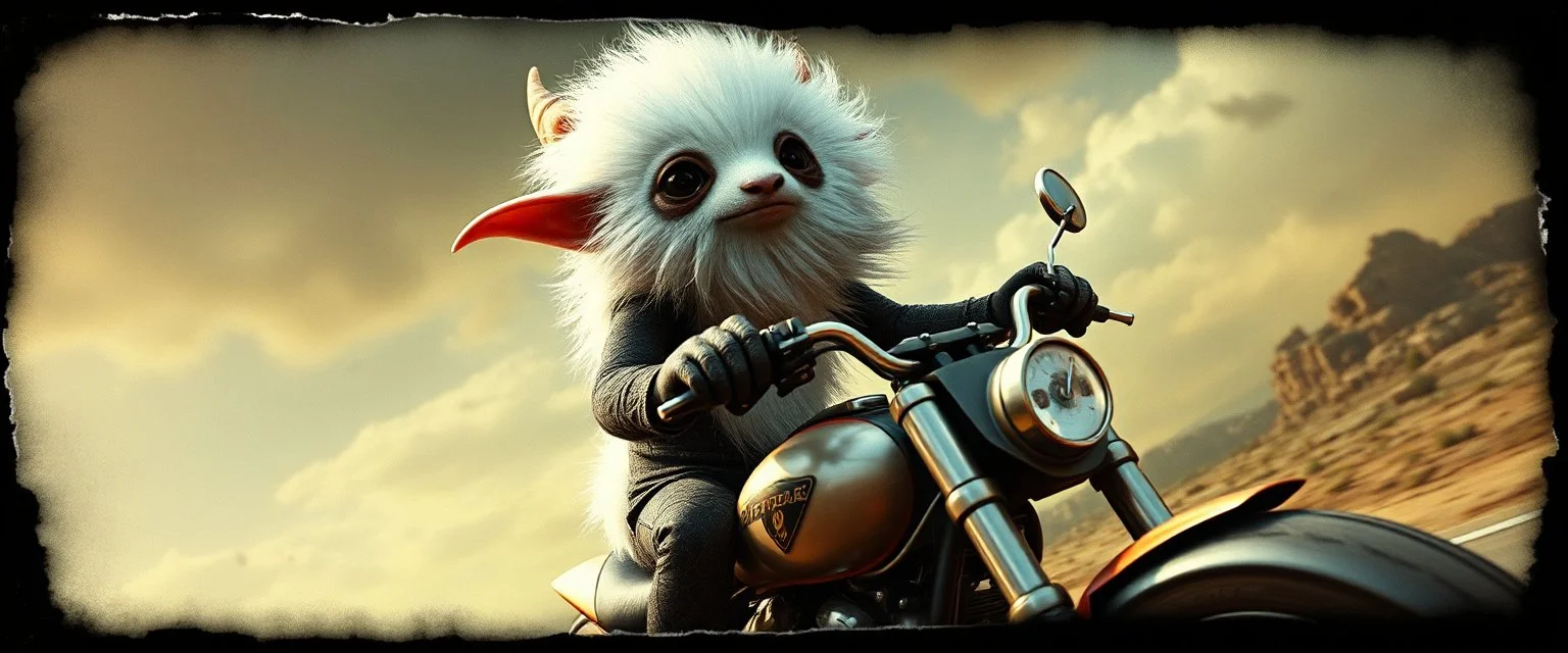 3d airbrush render, white fluffy gnome native panda elf alien dodo on insane motorbike , pinhole cam, airbrush 3d rendering, in the style of Titian and Dali , torn edges on border