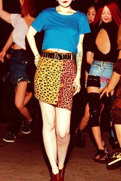 year 1996 denim fashion. Loose skirt, low waist. Combat pants and t-shirt. Colors: denim blue, blue, purple, cream, khaki, light green, lilac, plum, orange, terracotta, red, light yellow, pink, dark blue, beige. Latex in small part. Cheetah pattern. Gwen Stephani, Shirley Manson.Cargo pants