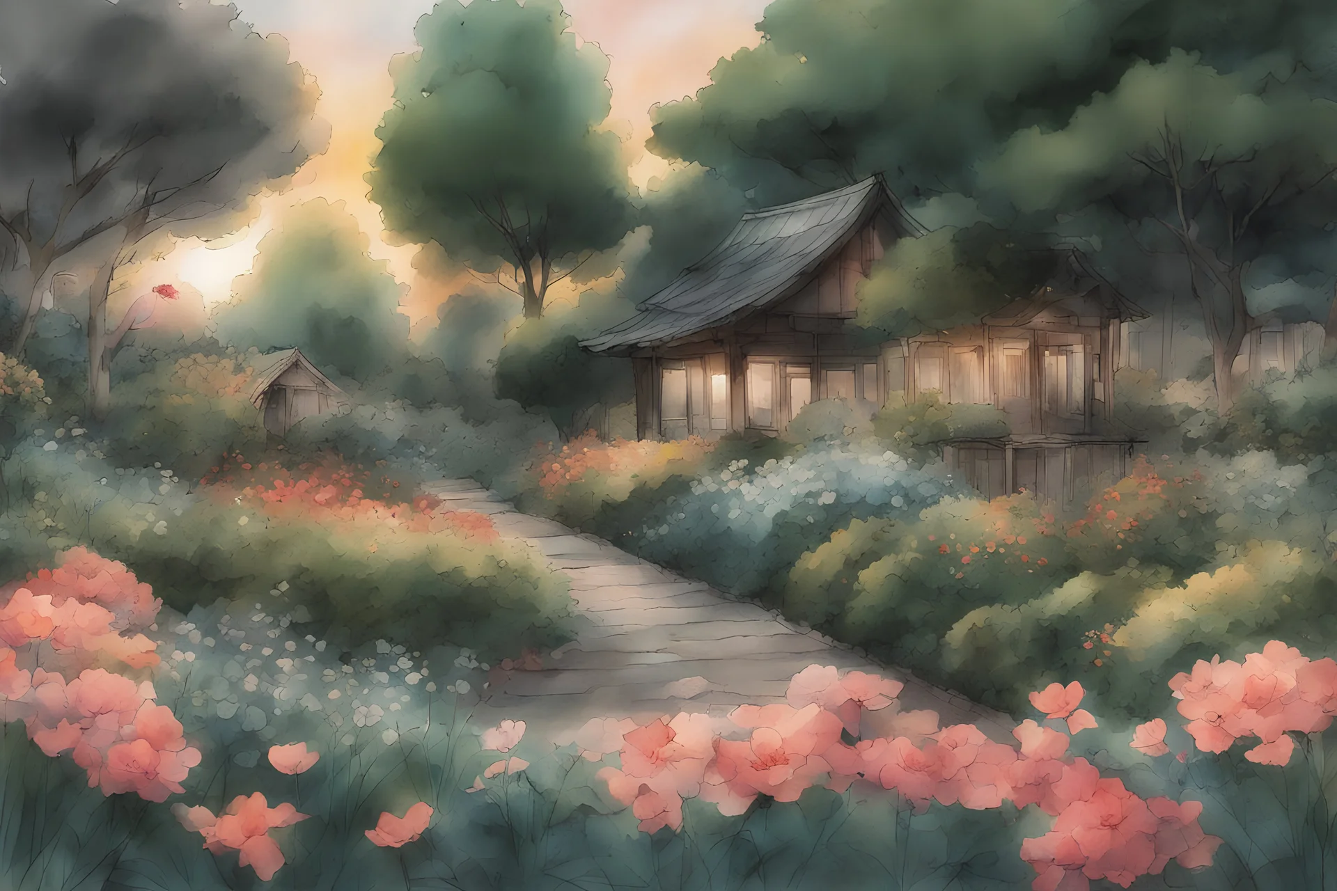 flower garden background, a warm glow sunset, created in inkwash and watercolor, art style of Olivier Coipel, HACCAN, illustrator 由良 Yura, 山田章博 Yamada Akihiro, 四々九 Yoshiku, GANMO＃