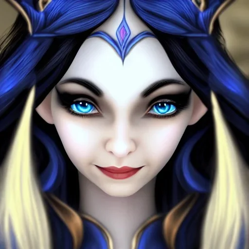 female half-elven sorcerer wearing a blue dress, long black hair, dark blue eyes, smiling, pretty face, close-up, realistic