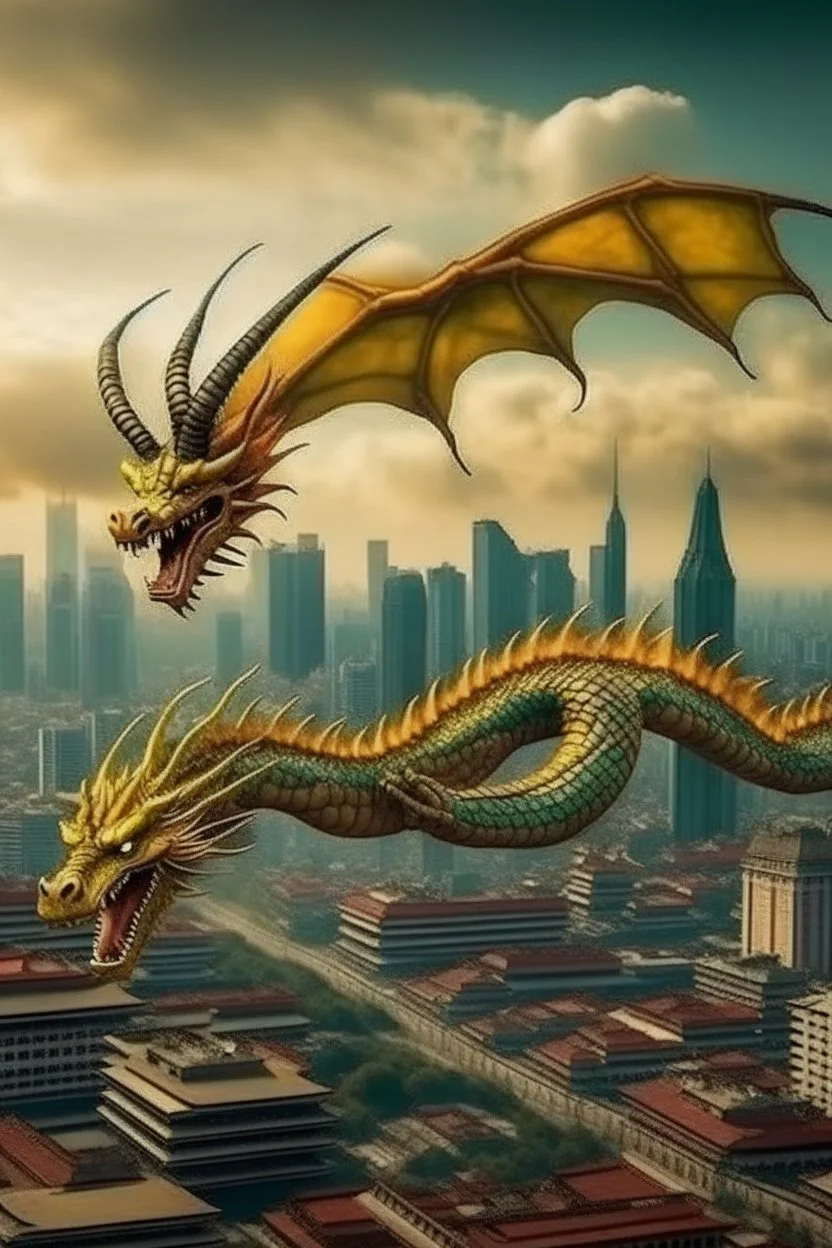 big chinnese dragon flying over city