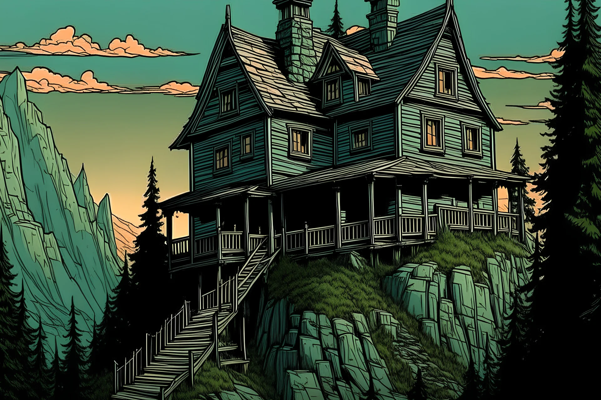 horror two-story house on a mountain color in mountain that didn’t look natural animated
