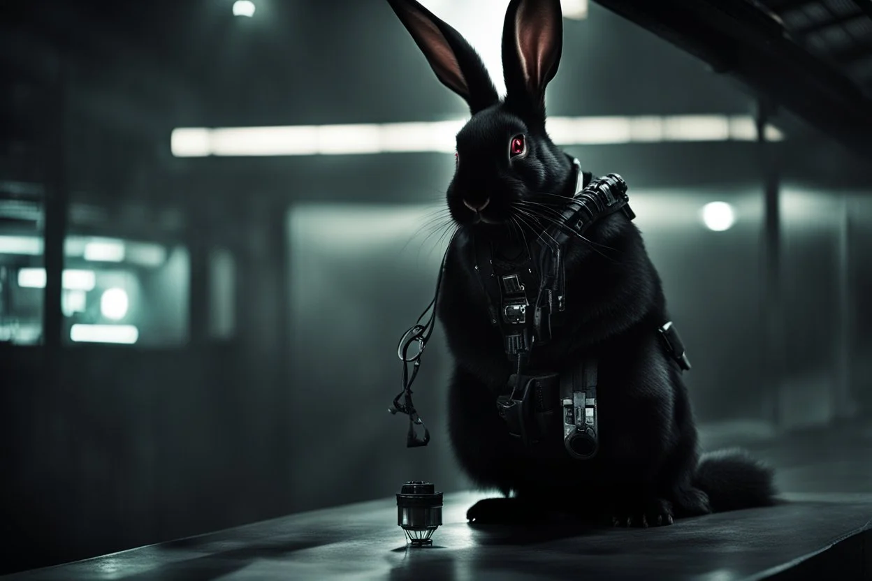Cyberpunk black rabbit. Photograph.