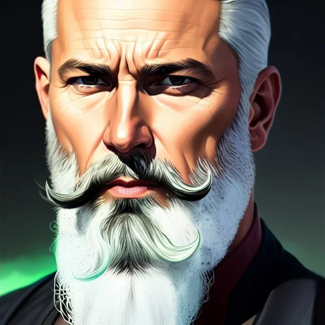 "MIddle aged white human male, with a trimmed but uneven beard, piercing green eyes with slick back hair,complete head and shoulders portrait, 8k resolution concept art portrait by Greg Rutkowski, Artgerm, WLOP, Alphonse Mucha dynamic lighting hyperdetailed intricately detailed Splash art trending on Artstation triadic colors Unreal Engine 5 volumetric lighting Splash art fantasy"