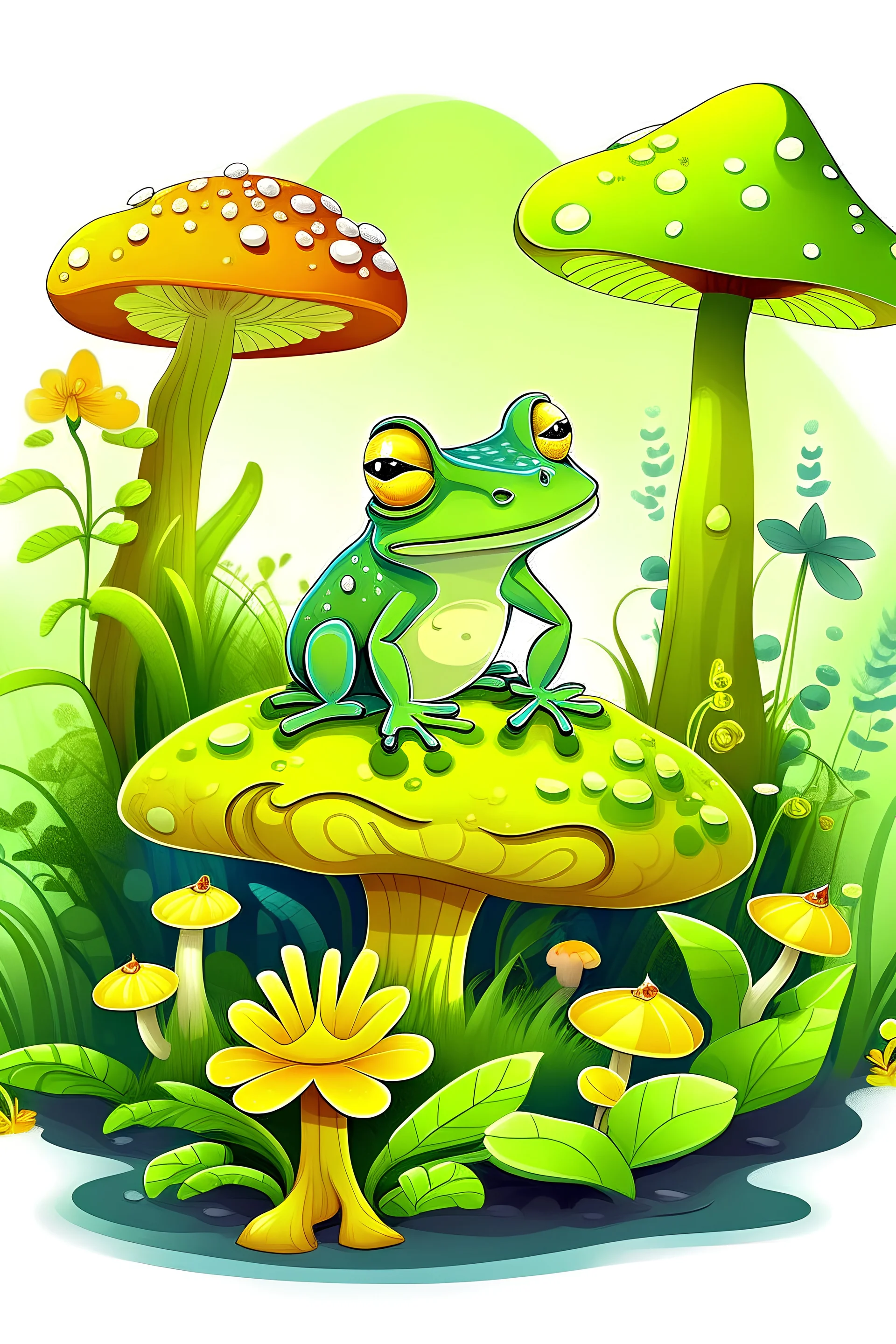 clip art frog in a forest with plants and mushrooms