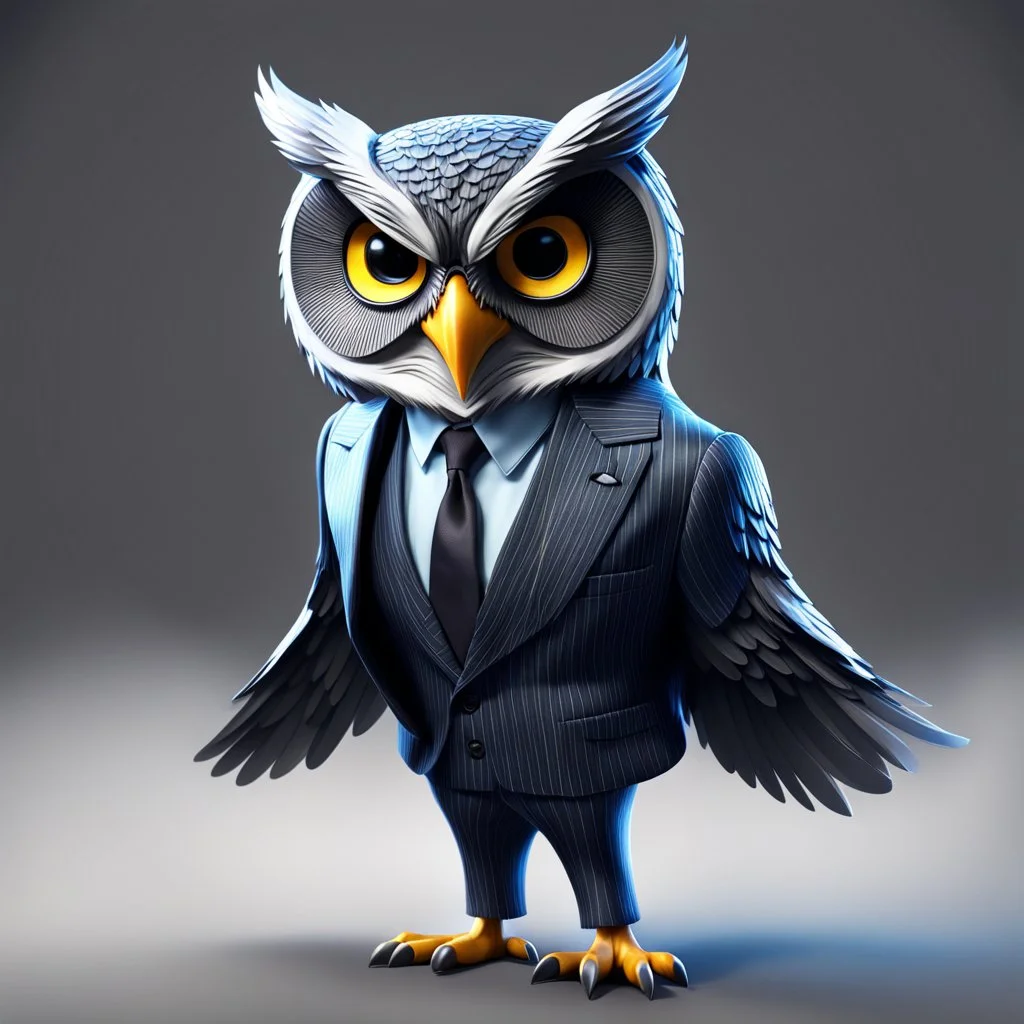 Illustrative sketch of a Pixar 3D image of an angry humanoid owl, suit and tie, ultra quality, 8k