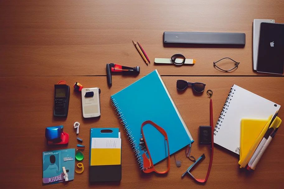 school supplies on a desk, real photography, photojournalism