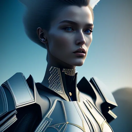 A handsome woman standing in front of a church, futuristic design, a paradise in background, close-up face, geometric armor, female face, 3d unreal engine, black face, close up armor, church detail